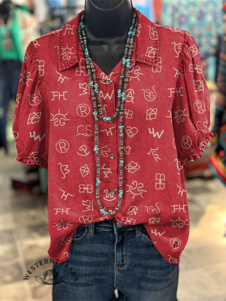Women's Cattle Brands Print Casual Cotton Shirt