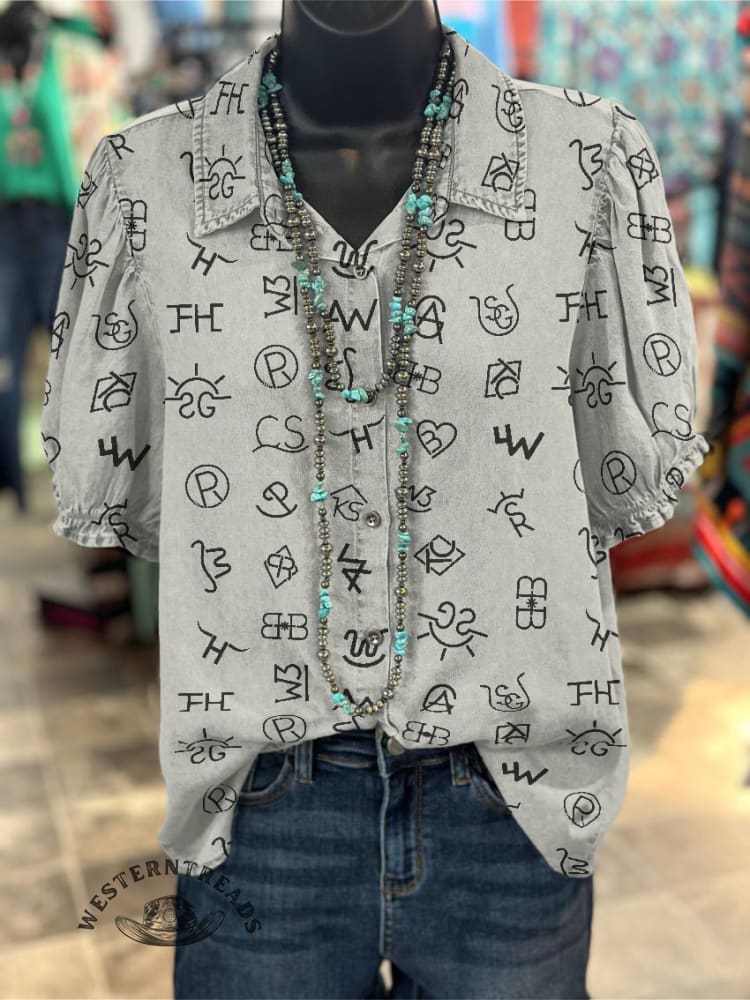 Women's Cattle Brands Print Casual Cotton Shirt