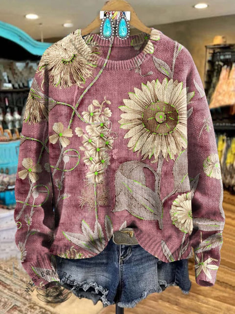 Vintage Floral Art Print Knit Pullover Sweater