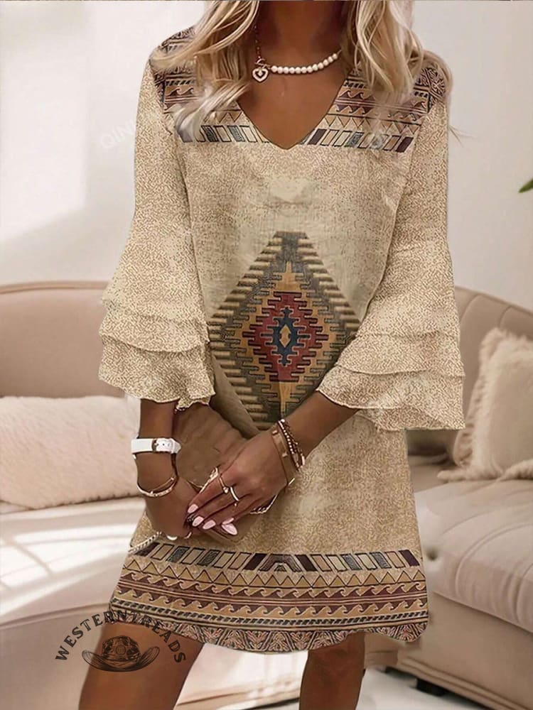 Women’s Floral Pattern Print Flare Sleeve V Neck Loose Dress