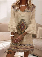 Women’s Floral Pattern Print Flare Sleeve V Neck Loose Dress