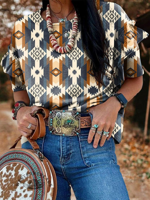 Retro Aztec Print Ruffles T-shirt