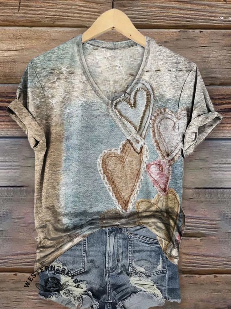 Vintage Heart Print Casaul Short Sleeve T-shirt