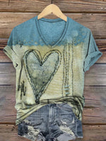 Women's Vintage Heart Art Print V-neck Casual T-Shirt