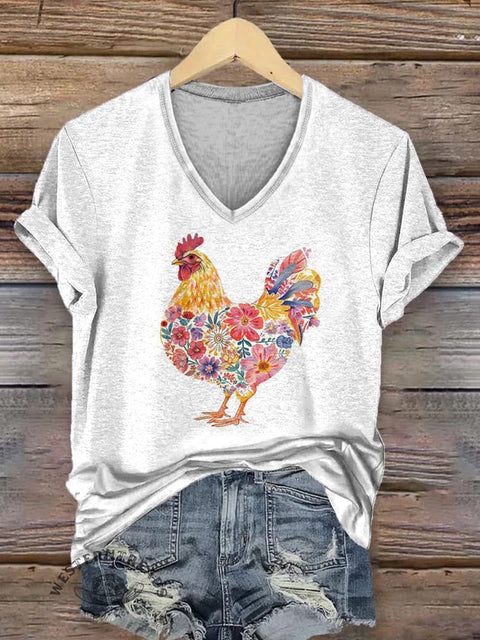 Funny Chicken Art Print Short Sleeve V-neck Casual T-Shirt