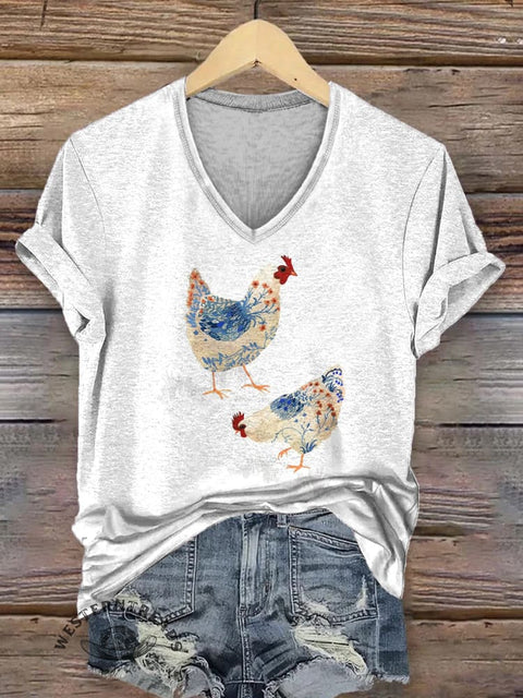 Funny Chicken Art Print Short Sleeve V-neck Casual T-Shirt