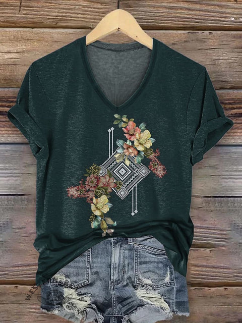 Vintage Floral Art Print Short Sleeve V-neck Casual T-Shirt
