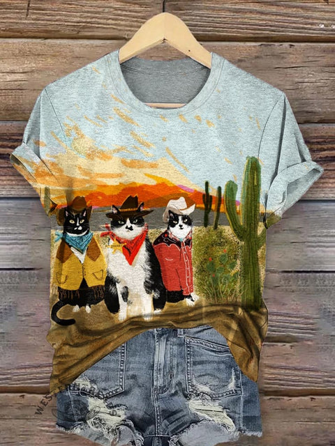 Western Cowboy Cat Art Print Round Neck Short Sleeves T-shirt