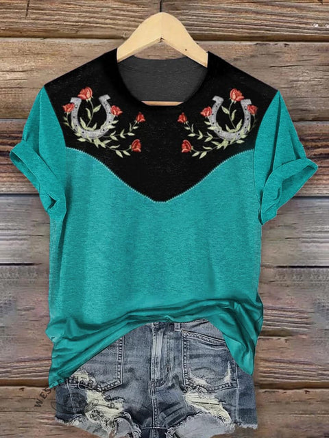 Western Art Print Round Neck Short Sleeves T-shirt
