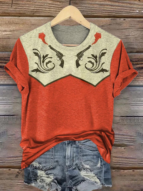 Western Art Print Round Neck Short Sleeves T-shirt
