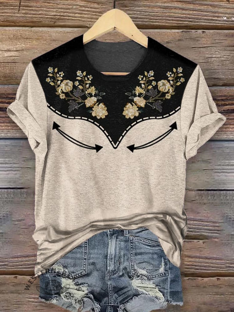 Western Art Print Round Neck Short Sleeves T-shirt