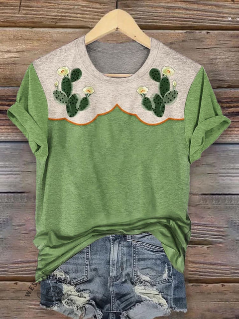 Western Art Print Round Neck Short Sleeves T-shirt