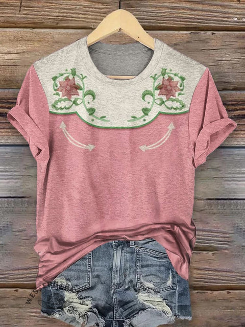 Western Art Print Round Neck Short Sleeves T-shirt