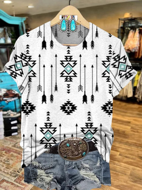 Aztec Art Print Round Neck Short Sleeves T-shirt