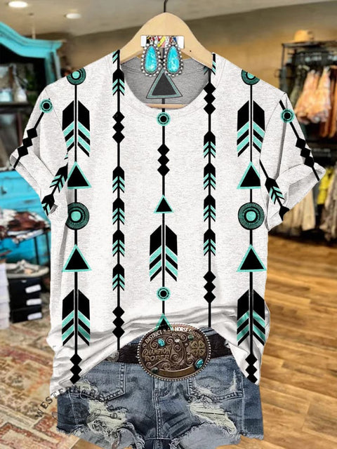 Aztec Art Print Round Neck Short Sleeves T-shirt