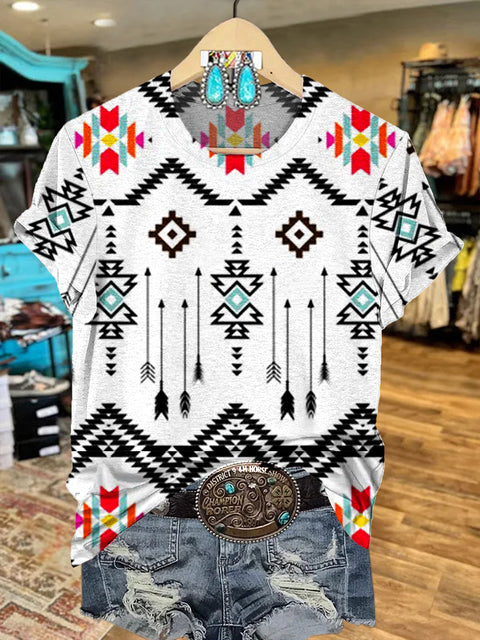 Aztec Art Print Round Neck Short Sleeves T-shirt