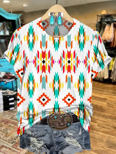 Aztec Art Print Round Neck Short Sleeves T-shirt