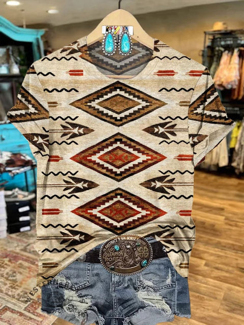 Aztec Art Print Round Neck Short Sleeves T-shirt