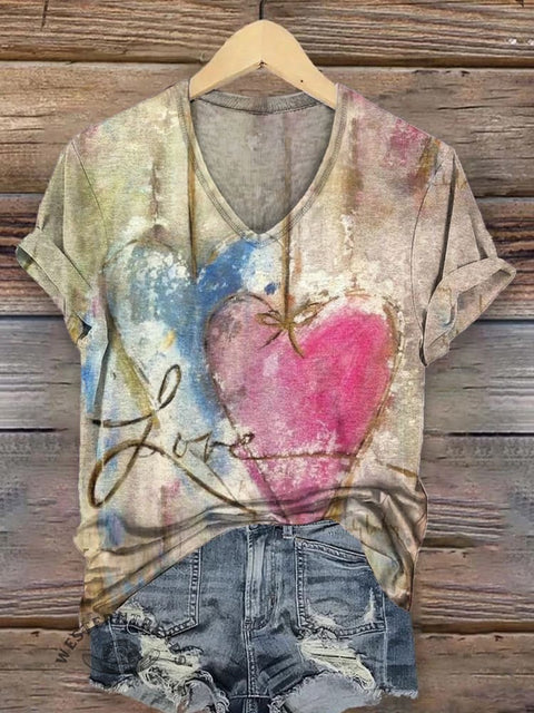 Vintage Heart Art Print Short Sleeve V-neck Casual T-Shirt