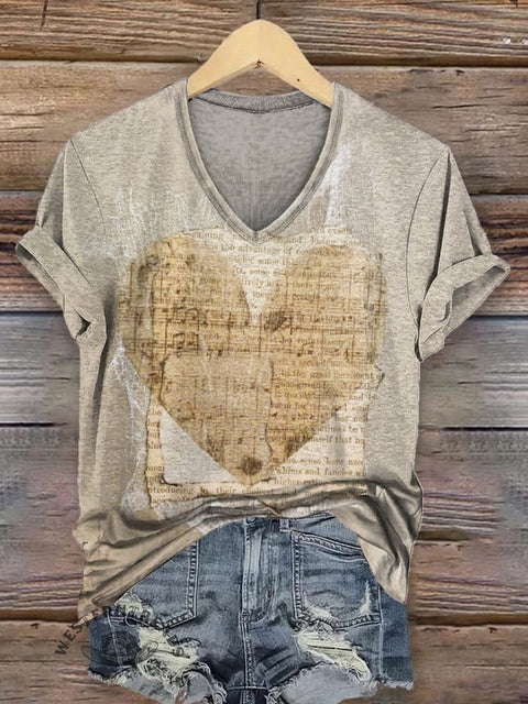 Vintage Heart Art Print Short Sleeve V-neck Casual T-Shirt