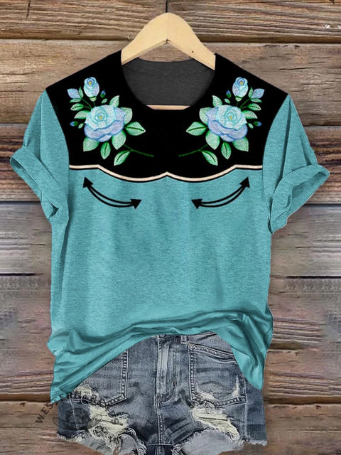 Western Art Print Round Neck Short Sleeves T-shirt