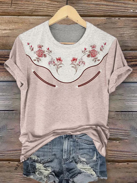 Western Art Print Round Neck Short Sleeves T-shirt