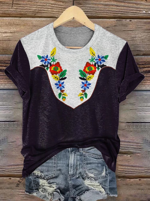 Western Art Print Round Neck Short Sleeves T-shirt