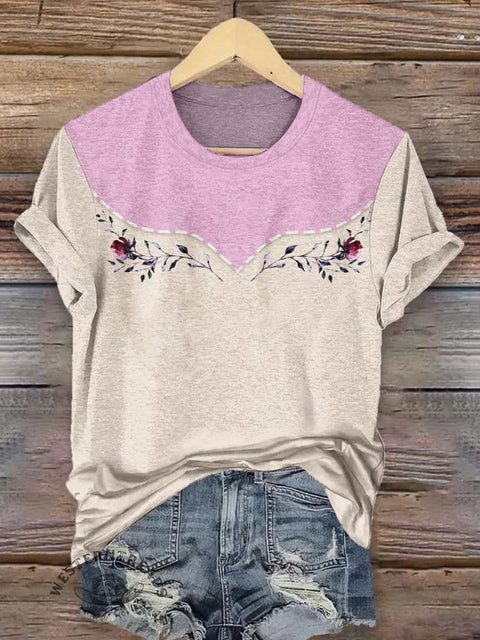 Western Art Print Round Neck Short Sleeves T-shirt