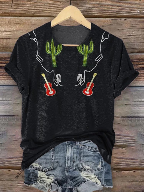 Western Art Print Round Neck Short Sleeves T-shirt