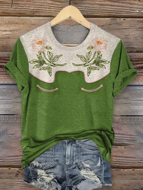 Western Art Print Round Neck Short Sleeves T-shirt