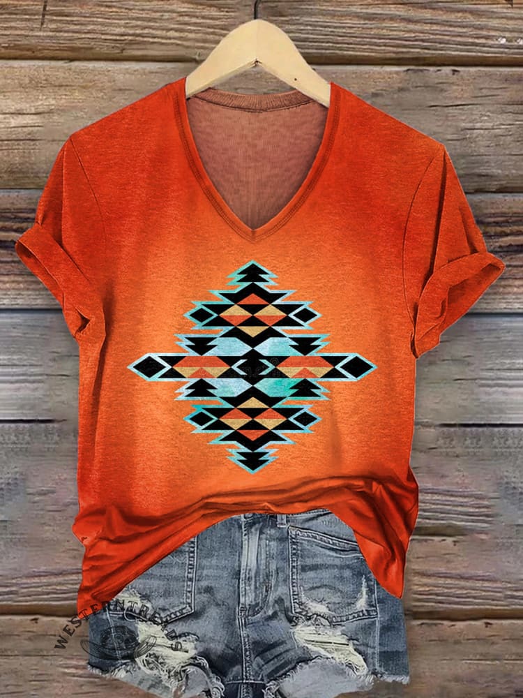 Women's Vintage Geometry Art Print V-neck Casual T-Shirt