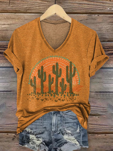 Women's Cactus Art Print V-neck Casual T-Shirt