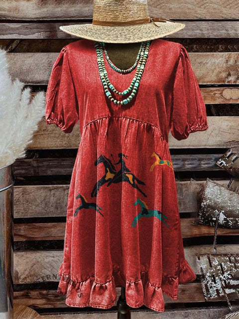 Women's Classic Horse Art Print Pocket Cotton Dress