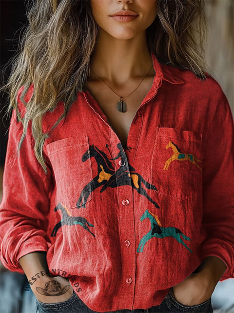 Women's Classic Horse Art Print Casual Long Sleeve Comfortable Cotton Shirt