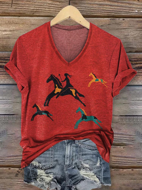 Women's Classic Horse Art Print V-neck Casual T-Shirt