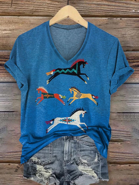 Women's Classic Horse Art Pirnt V-neck Casual T-Shirt