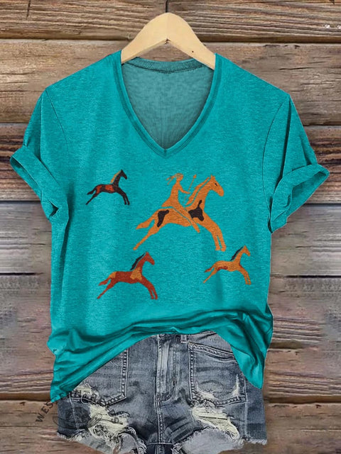 Women's Classic Horse Art Pirnt V-neck Casual T-Shirt