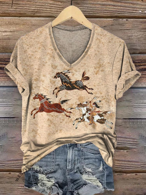 Women's Classic Horse Art Pirnt V-neck Casual T-Shirt