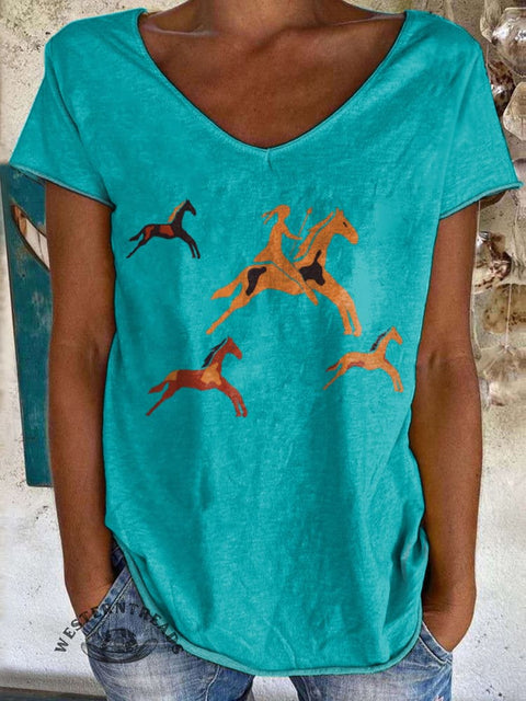 Women's Classic Horse Art Print V-neck T-shirt