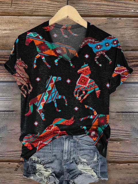 Women's Classic Horse Art Print V-neck Casual T-Shirt