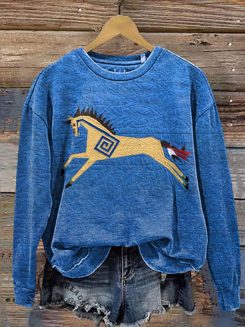 Classic Horse Art Print Casual Cotton Sweatshirt