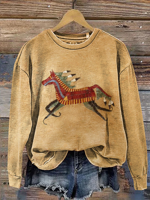 Classic Horse Art Print Casual Cotton Sweatshirt