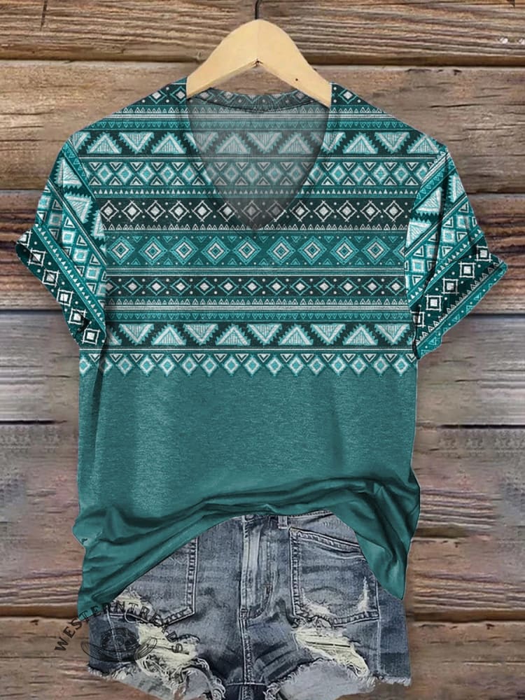 Vintage Aztec Art Print Crew Tee T-Shirt