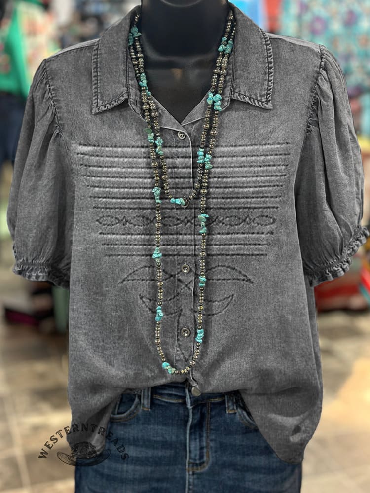 Women's Western Boots Pattern Print Casual Cotton Shirt
