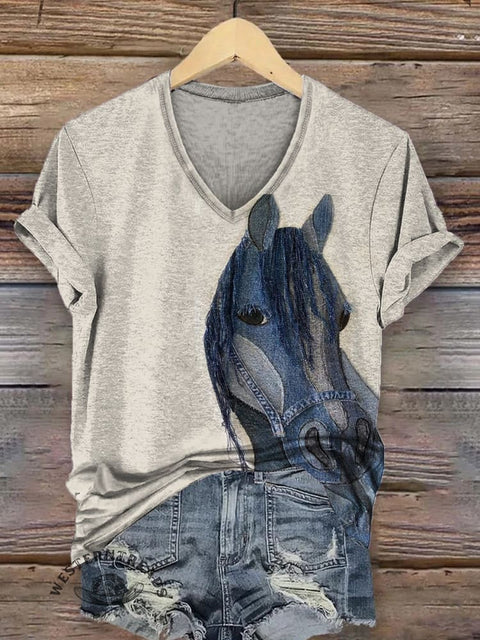 Women's vintage horse print t-shirt - short sleeve western tee with retro equestrian artwork for casual cowgirl style
