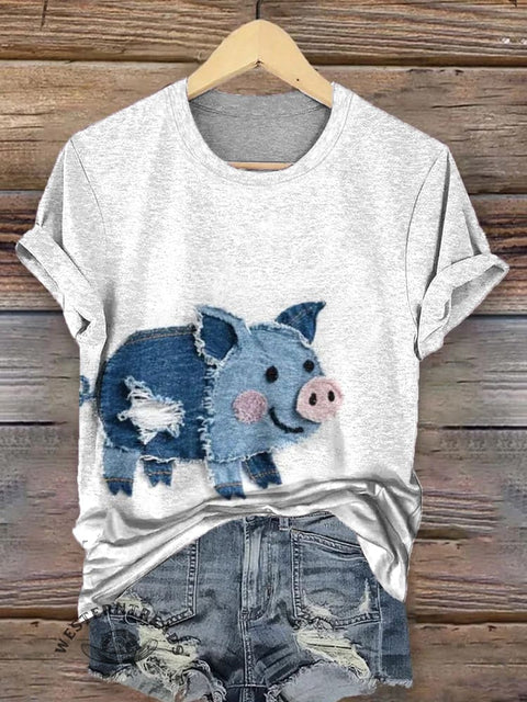 Denim Patchwork Pig Art Pattern Art Print V-neck Casual T-Shirt