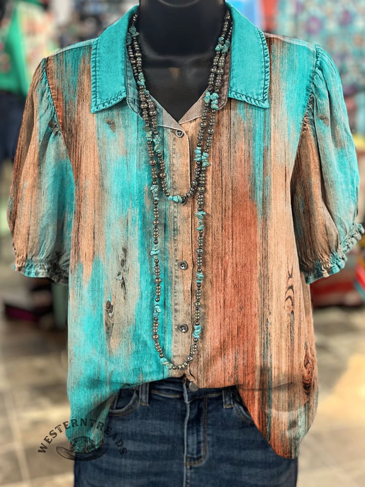 Women's Vintage Ethnic Textured Contrasting Art Print Casual Cotton Shirt