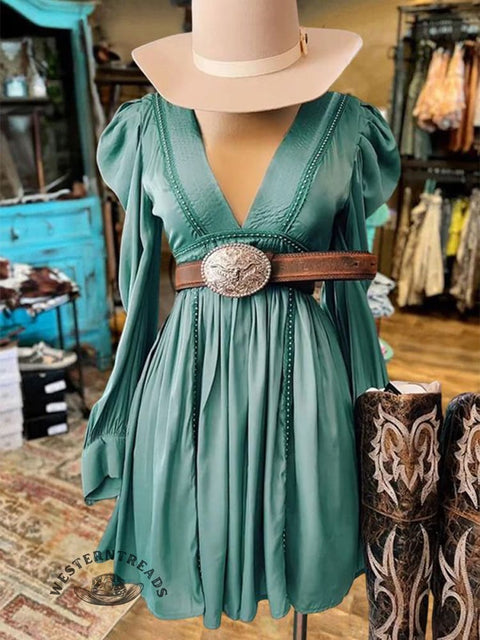 Women's West Art Ruffled V-neck Cotton Dress