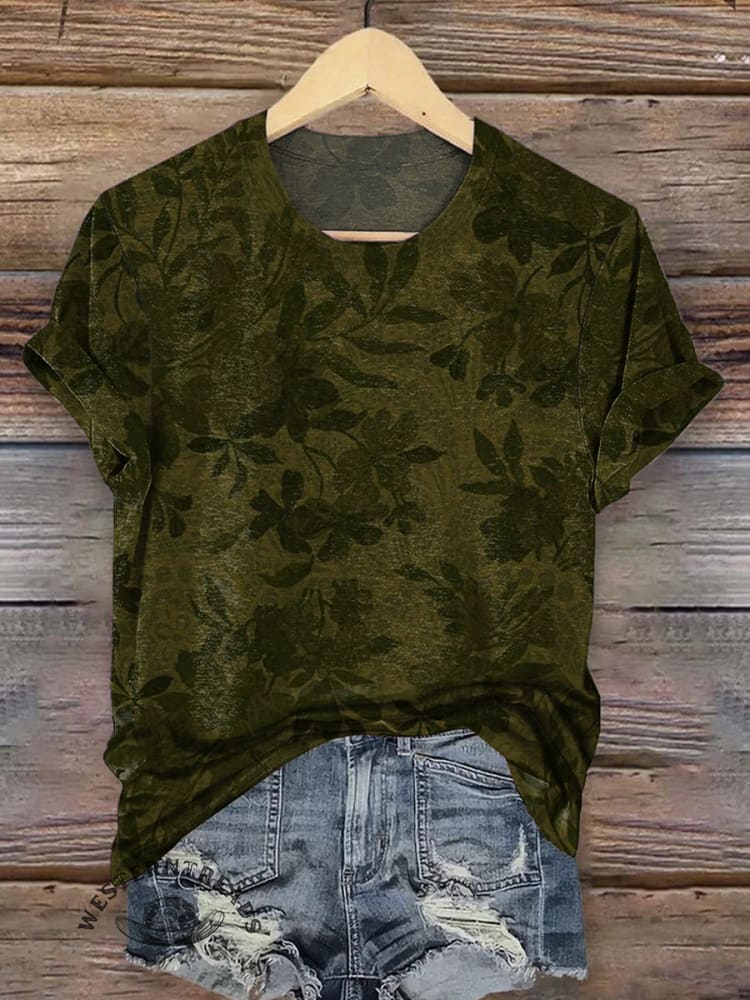 Retro Flowers Pattern Print Round Neck Short Sleeves Casual T-shirt