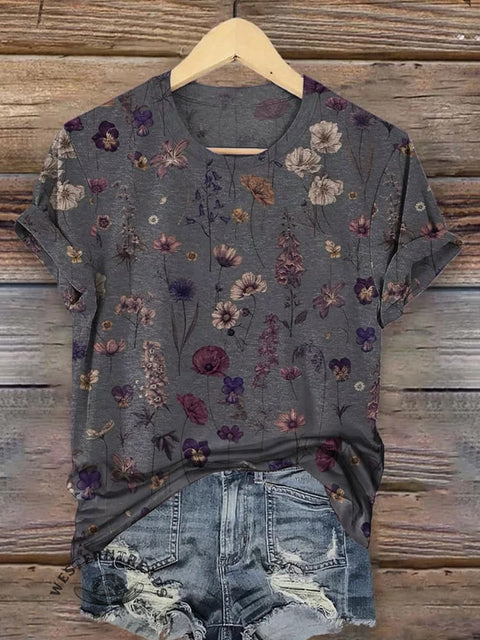 Retro Flowers Pattern Print Round Neck Short Sleeves Casual T-shirt